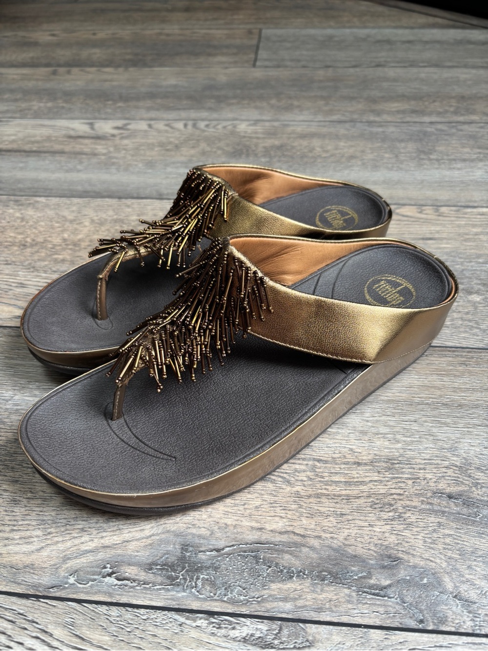 FitFlop Cha Cha Embellished Beaded Wedge Sandals Metallic Bronze Sz 11